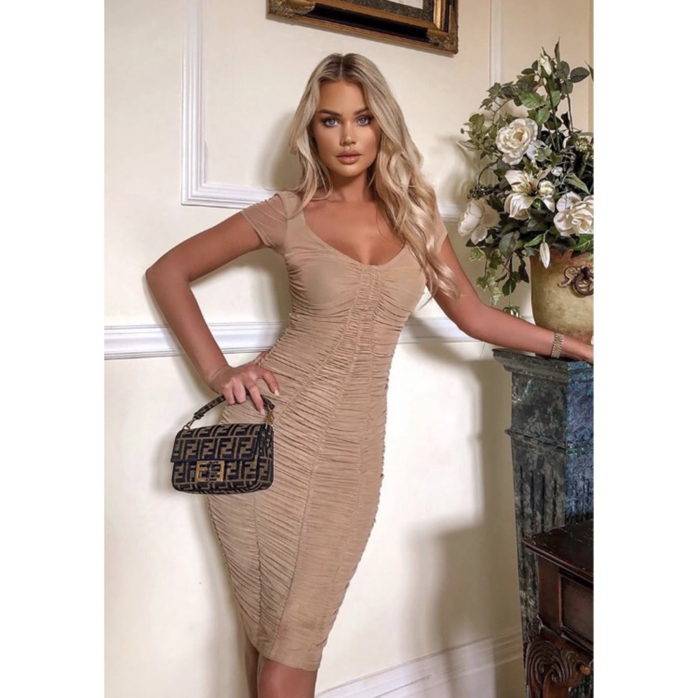 NWT Fashion Nova Simply Ageless Ruched Midi Dress - Nude